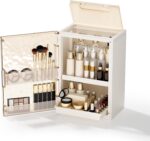 AERCIINC large beige makeup organizer with multiple compartments, brush holder, and two pull-out drawers on a vanity.