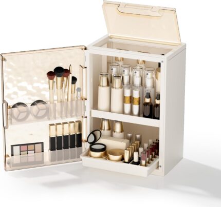 AERCIINC large beige makeup organizer with multiple compartments, brush holder, and two pull-out drawers on a vanity.