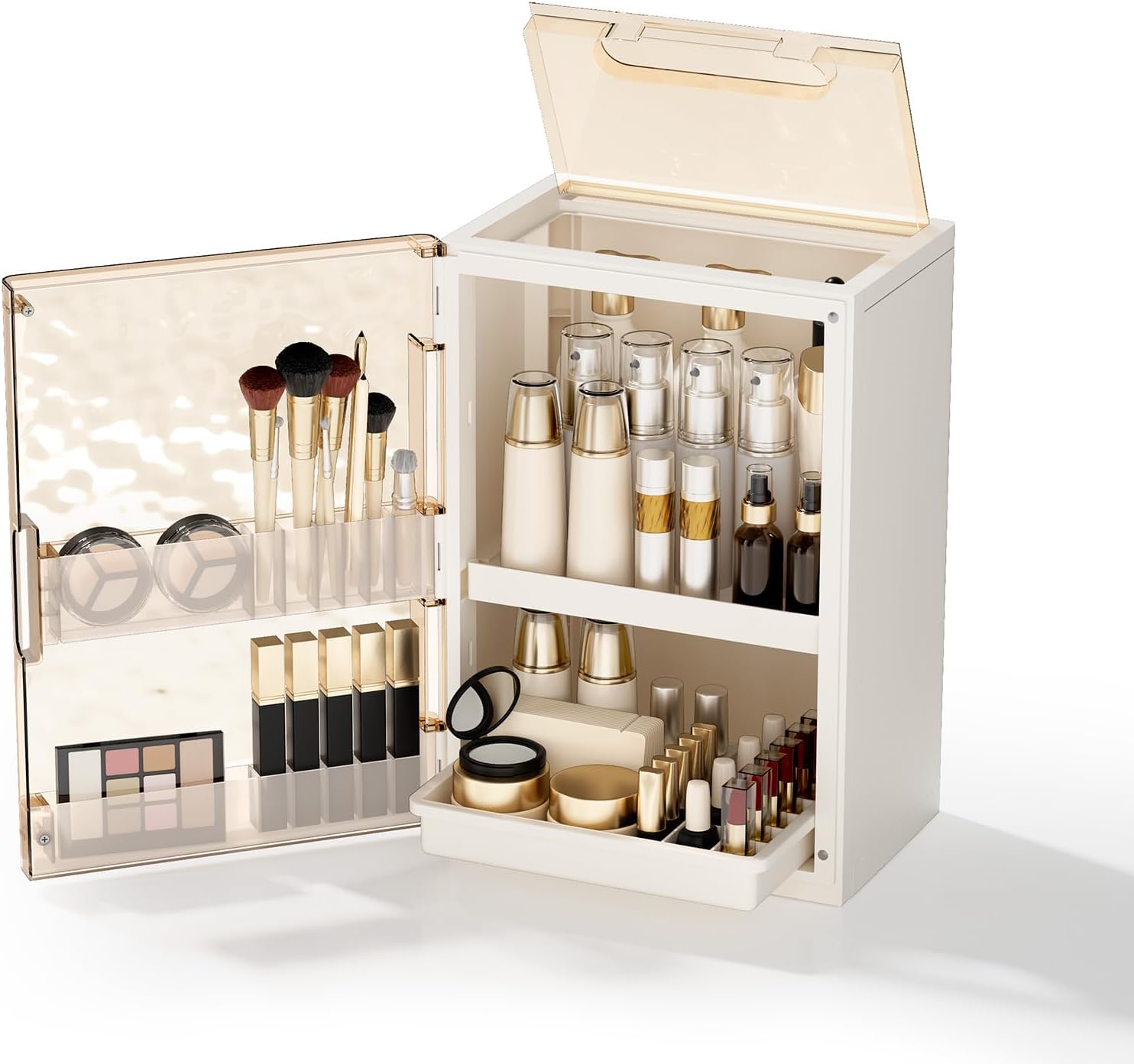 aerciinc-large-makeup-organizer-with-brush-holder-drawers-beige-01 AERCIINC large beige makeup organizer with multiple compartments, brush holder, and two pull-out drawers on a vanity.