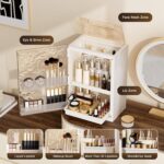 AERCIINC large beige makeup organizer with multiple compartments, brush holder, and two pull-out drawers on a vanity.