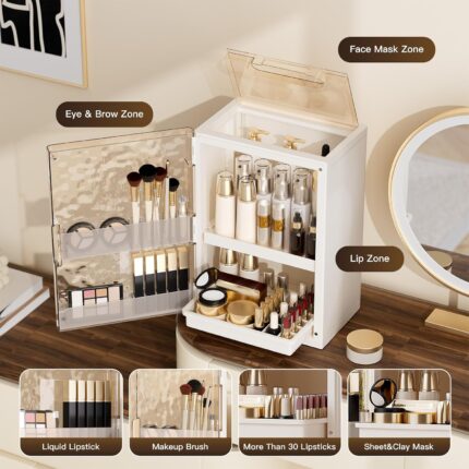 AERCIINC large beige makeup organizer with multiple compartments, brush holder, and two pull-out drawers on a vanity.