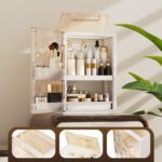 AERCIINC large beige makeup organizer with multiple compartments, brush holder, and two pull-out drawers on a vanity.