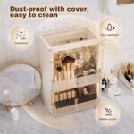 AERCIINC large beige makeup organizer with multiple compartments, brush holder, and two pull-out drawers on a vanity.