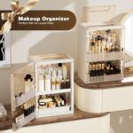 AERCIINC large beige makeup organizer with multiple compartments, brush holder, and two pull-out drawers on a vanity.