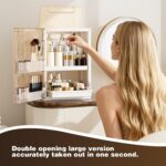 AERCIINC large beige makeup organizer with multiple compartments, brush holder, and two pull-out drawers on a vanity.