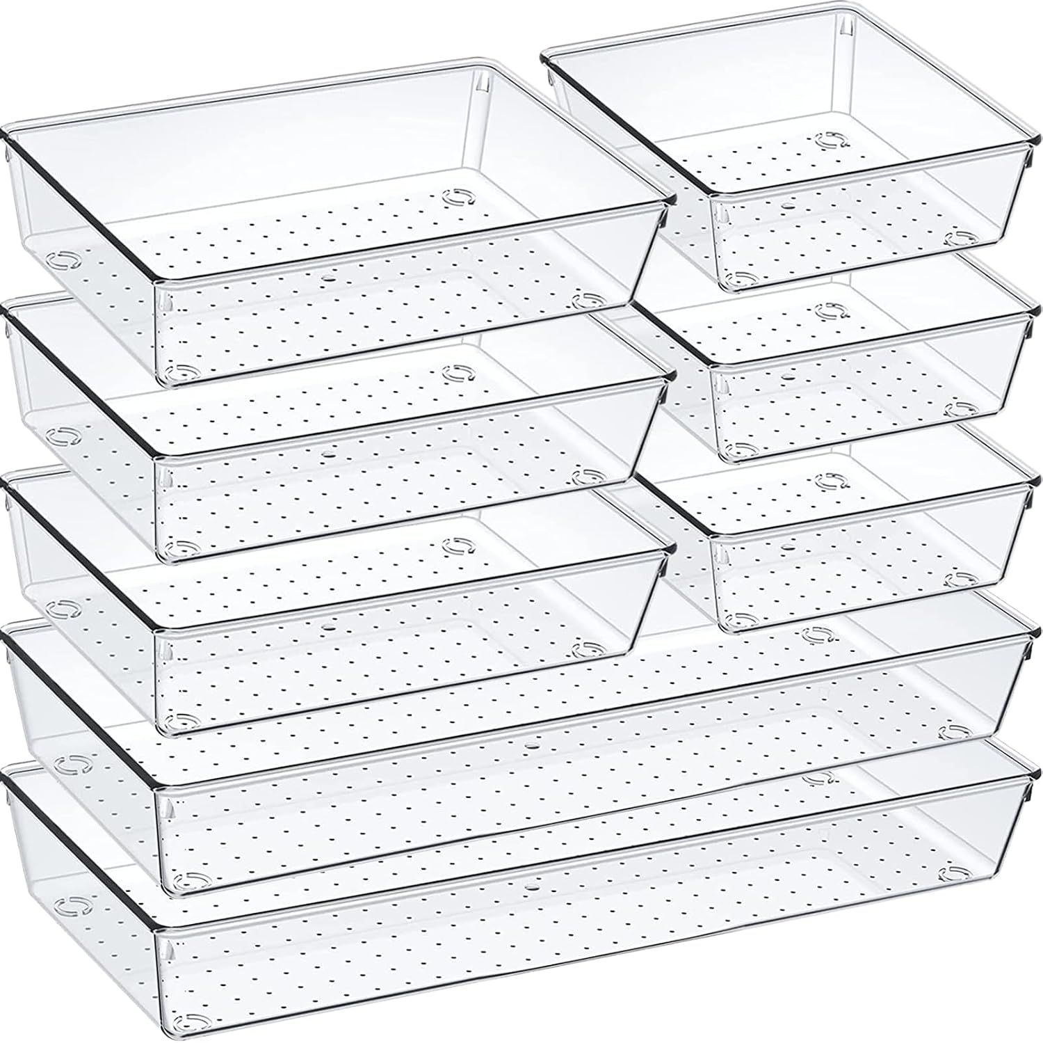 criusia-8-pack-clear-acrylic-drawer-organizer-set-with-non-slip-pads-01 An 8-pack set of clear acrylic drawer organizers with non-slip pads, shown neatly arranged in a drawer, holding various small
