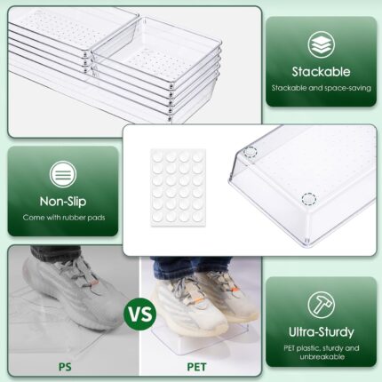 An 8-pack set of clear acrylic drawer organizers with non-slip pads, shown neatly arranged in a drawer, holding various small