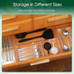 An 8-pack set of clear acrylic drawer organizers with non-slip pads, shown neatly arranged in a drawer, holding various small