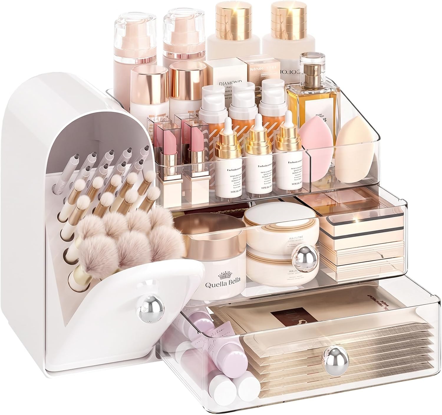 delamu-large-white-3-in-1-makeup-organizer-for-vanity-countertop-27-compartments-01 A white Delamu large makeup organizer with clear drawers and a retro fridge-style top compartment holding makeup brushes and