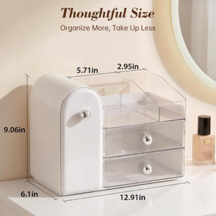 A white Delamu large makeup organizer with clear drawers and a retro fridge-style top compartment holding makeup brushes and