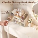 A white Delamu large makeup organizer with clear drawers and a retro fridge-style top compartment holding makeup brushes and