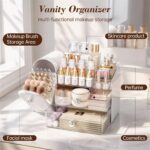 A white Delamu large makeup organizer with clear drawers and a retro fridge-style top compartment holding makeup brushes and