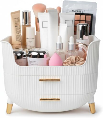 White HALAFE makeup organizer with two drawers and a top compartment, featuring gold accents and a ribbed texture.