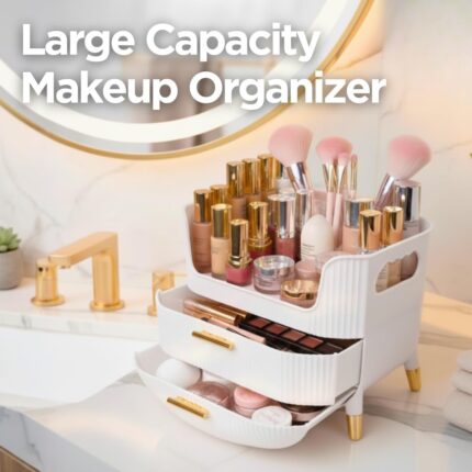 White HALAFE makeup organizer with two drawers and a top compartment, featuring gold accents and a ribbed texture.