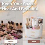 White HALAFE makeup organizer with two drawers and a top compartment, featuring gold accents and a ribbed texture.