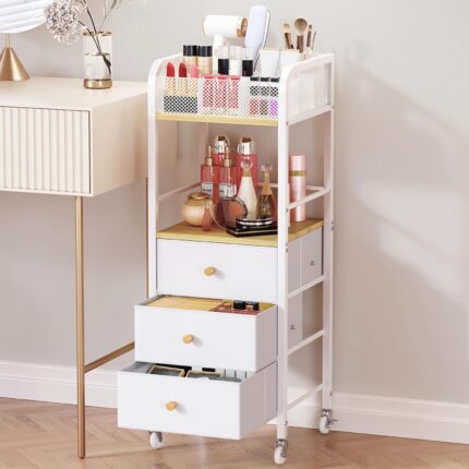White and natural wood HapiRm rolling makeup cart organizer with three fabric drawers and a top divided tray.