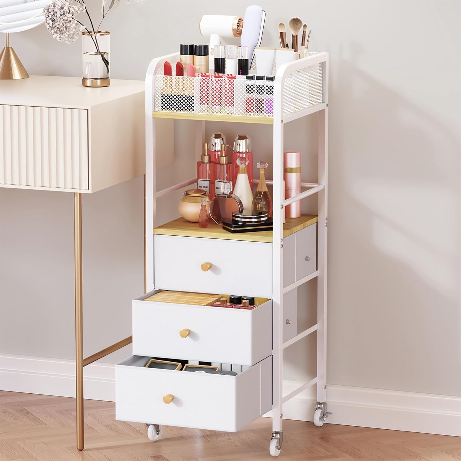 hapirm-rolling-makeup-cart-organizer-3-drawer-skincare-storage-vanity-01 White and natural wood HapiRm rolling makeup cart organizer with three fabric drawers and a top divided tray.