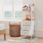 White and natural wood HapiRm rolling makeup cart organizer with three fabric drawers and a top divided tray.
