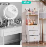 White and natural wood HapiRm rolling makeup cart organizer with three fabric drawers and a top divided tray.