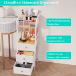 White and natural wood HapiRm rolling makeup cart organizer with three fabric drawers and a top divided tray.