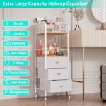 White and natural wood HapiRm rolling makeup cart organizer with three fabric drawers and a top divided tray.