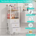 White and natural wood HapiRm rolling makeup cart organizer with three fabric drawers and a top divided tray.