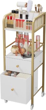 A gold and white HapiRm rolling makeup cart organizer with two fabric drawers, filled with various cosmetics and skincare pro
