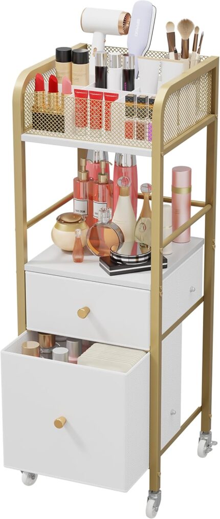 A gold and white HapiRm rolling makeup cart organizer with two fabric drawers, filled with various cosmetics and skincare pro