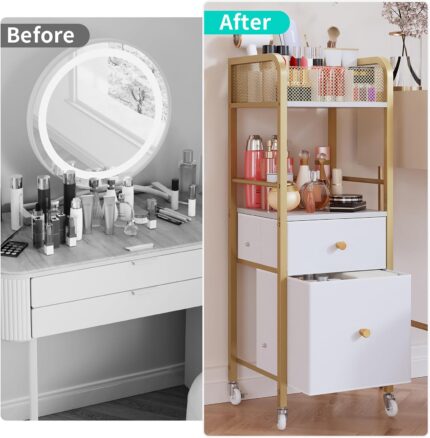 A gold and white HapiRm rolling makeup cart organizer with two fabric drawers, filled with various cosmetics and skincare pro
