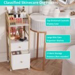 A gold and white HapiRm rolling makeup cart organizer with two fabric drawers, filled with various cosmetics and skincare pro