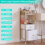 A gold and white HapiRm rolling makeup cart organizer with two fabric drawers, filled with various cosmetics and skincare pro
