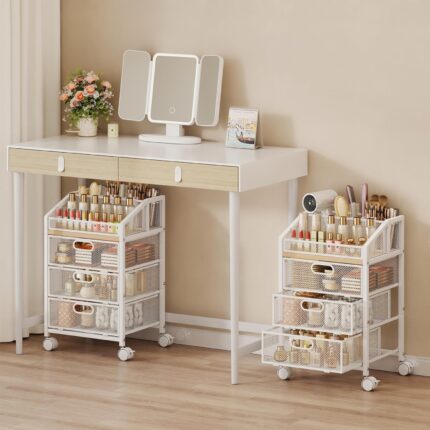 A white HapiRm rolling makeup cart organizer with three visible mesh drawers and a divided top section, filled with various b