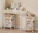 A white HapiRm rolling makeup cart organizer with three visible mesh drawers and a divided top section, filled with various b