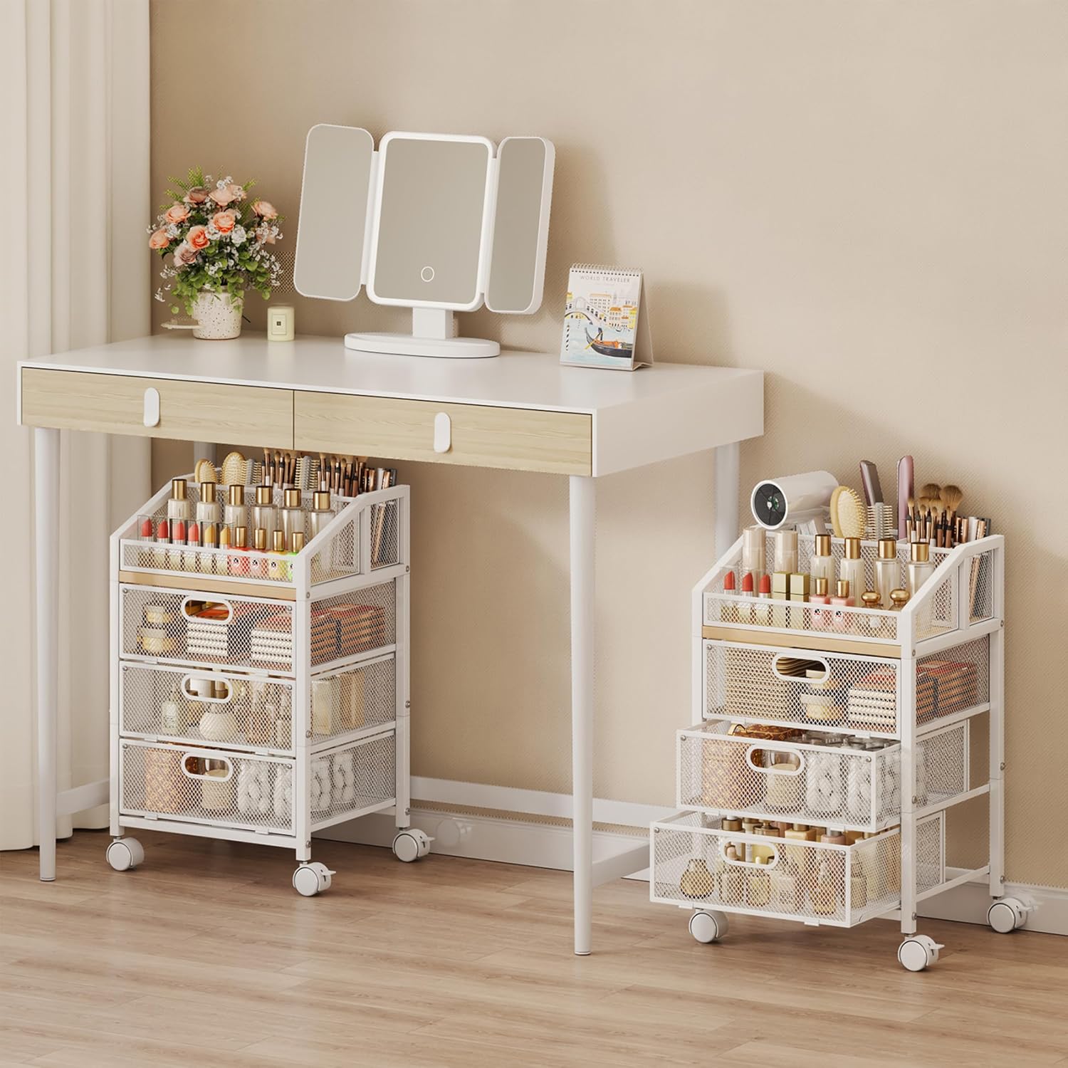 hapirm-rolling-makeup-cart-organizer-white-under-desk-storage-with-3-drawers-01 A white HapiRm rolling makeup cart organizer with three visible mesh drawers and a divided top section, filled with various b