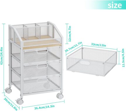 A white HapiRm rolling makeup cart organizer with three visible mesh drawers and a divided top section, filled with various b