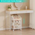 A white HapiRm rolling makeup cart organizer with three visible mesh drawers and a divided top section, filled with various b