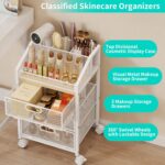 A white HapiRm rolling makeup cart organizer with three visible mesh drawers and a divided top section, filled with various b