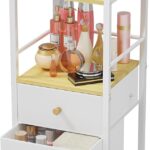 HapiRm Rolling Makeup Cart Organizer in white and wood, featuring a top divided section, middle open shelf, and two fabric dr