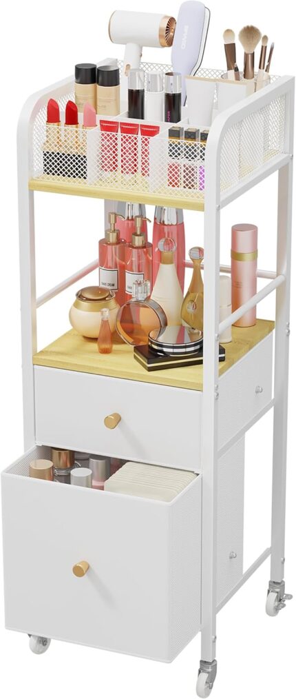 HapiRm Rolling Makeup Cart Organizer in white and wood, featuring a top divided section, middle open shelf, and two fabric dr