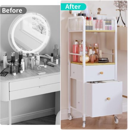 HapiRm Rolling Makeup Cart Organizer in white and wood, featuring a top divided section, middle open shelf, and two fabric dr