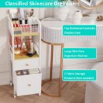 HapiRm Rolling Makeup Cart Organizer in white and wood, featuring a top divided section, middle open shelf, and two fabric dr