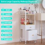 HapiRm Rolling Makeup Cart Organizer in white and wood, featuring a top divided section, middle open shelf, and two fabric dr