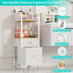 HapiRm Rolling Makeup Cart Organizer in white and wood, featuring a top divided section, middle open shelf, and two fabric dr