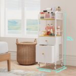 HapiRm Rolling Makeup Cart Organizer in white and wood, featuring a top divided section, middle open shelf, and two fabric dr