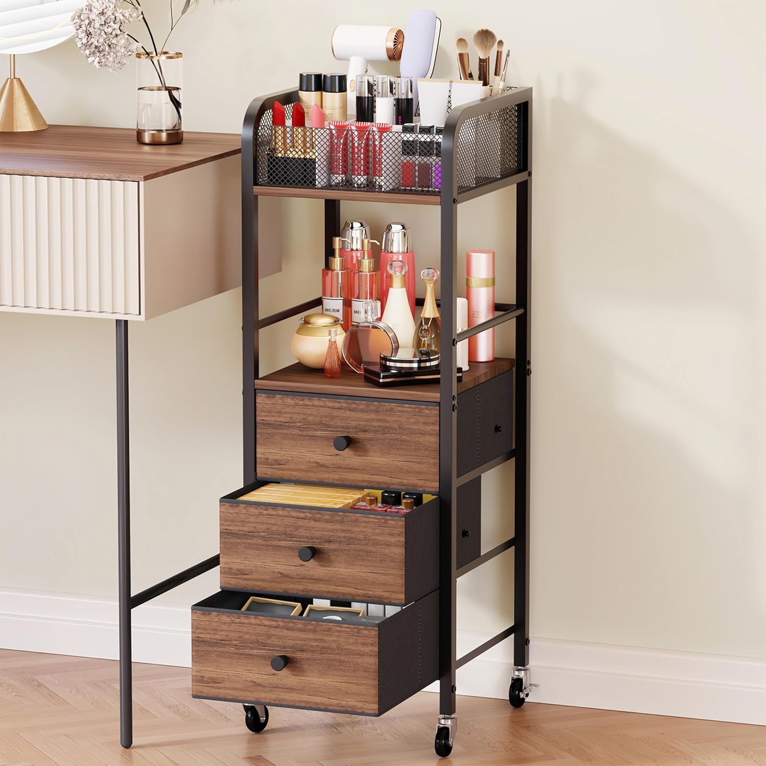 hapirm-rolling-makeup-cart-organizer-with-3-fabric-drawers-black-wood-finish-01 Black HapiRm rolling makeup cart organizer with wood accents, three fabric drawers, and a divided top section for cosmetics.