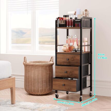 Black HapiRm rolling makeup cart organizer with wood accents, three fabric drawers, and a divided top section for cosmetics.