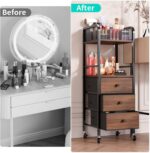 Black HapiRm rolling makeup cart organizer with wood accents, three fabric drawers, and a divided top section for cosmetics.