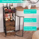 Black HapiRm rolling makeup cart organizer with wood accents, three fabric drawers, and a divided top section for cosmetics.
