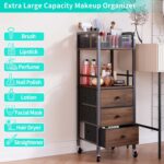 Black HapiRm rolling makeup cart organizer with wood accents, three fabric drawers, and a divided top section for cosmetics.