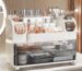 Heaime white acrylic makeup organizer with two drawers and an open top section holding brushes, lipsticks, and skincare bottl